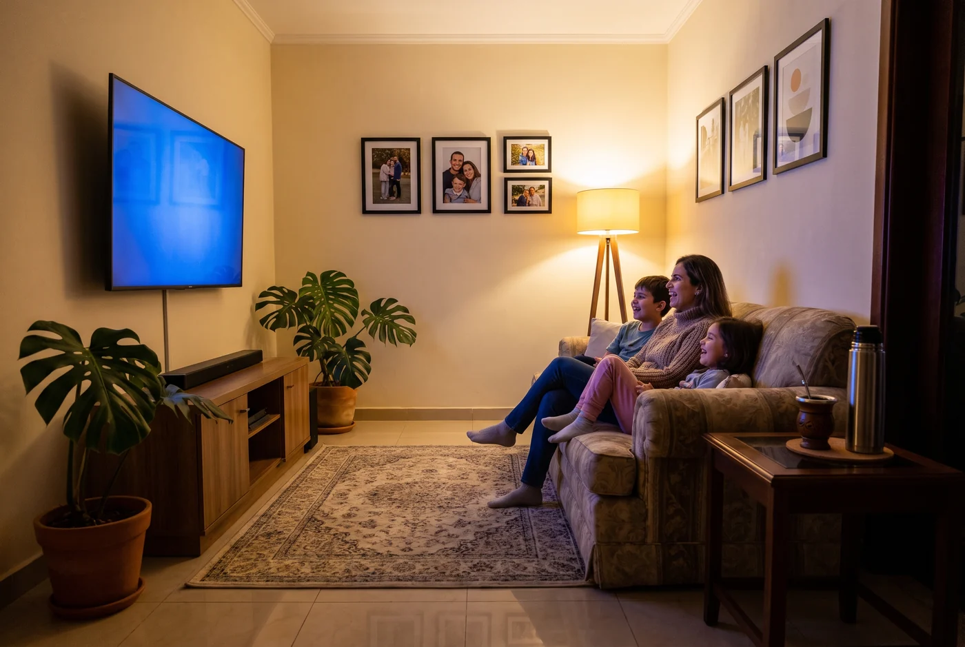 Familia reunida en la sala de su casa viendo streaming con varios dispositivos conectados al mismo tiempo, imagen ilustrativa del uso de internet en el hogar